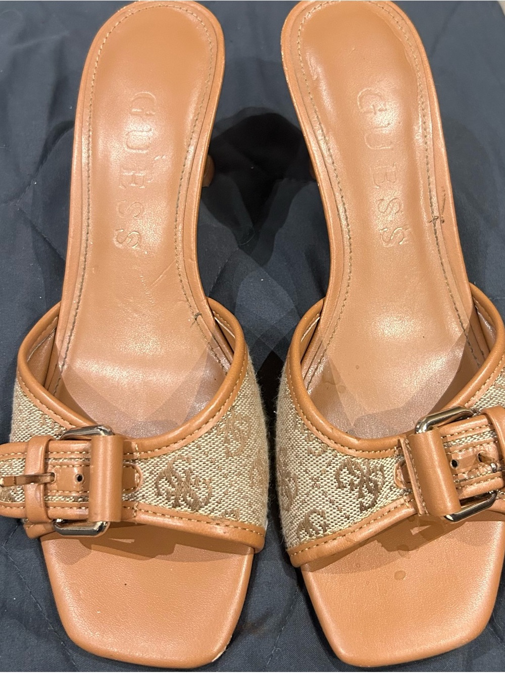 GUESS Tan Leather and Beige Canvas Logo Slide Mules